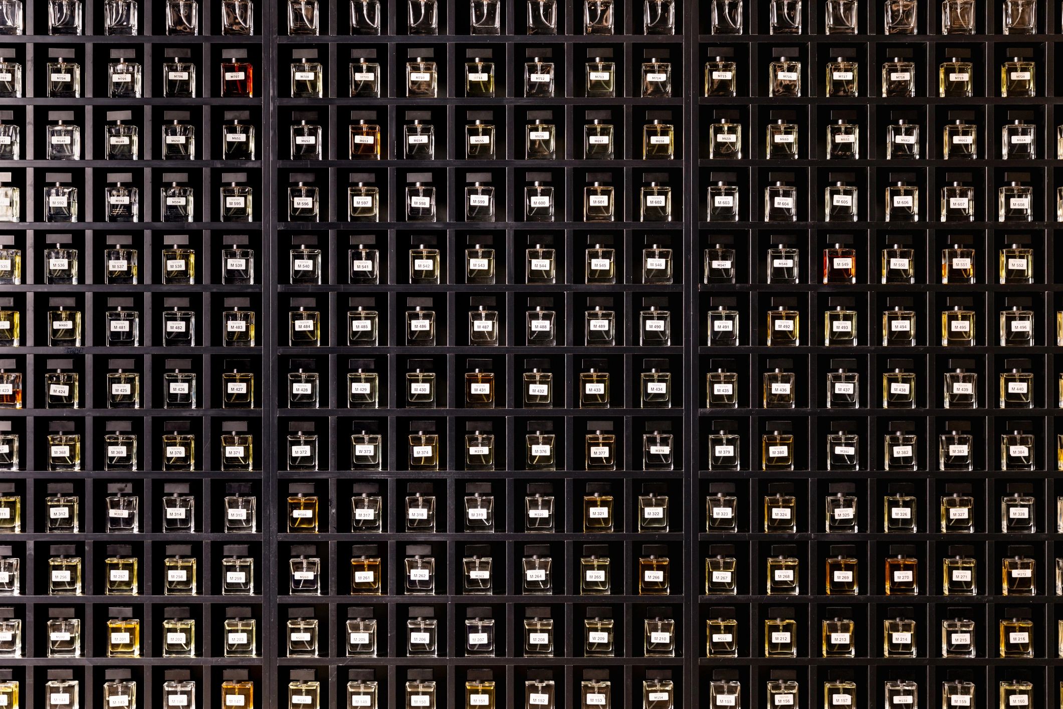 Perfume decant bottles neatly displayed in a row
